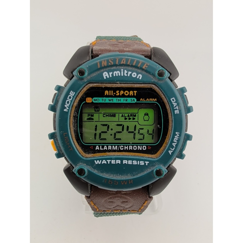 Armitron Instalite All-Sport Mens Watch 40mm Green Alarm Chrono- New Battery